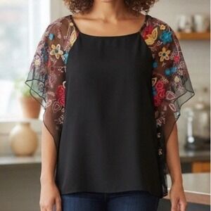 Suzanne Betro 1X Plus Black Top Sheer Embroidered Floral Cape Sleeves Night Club